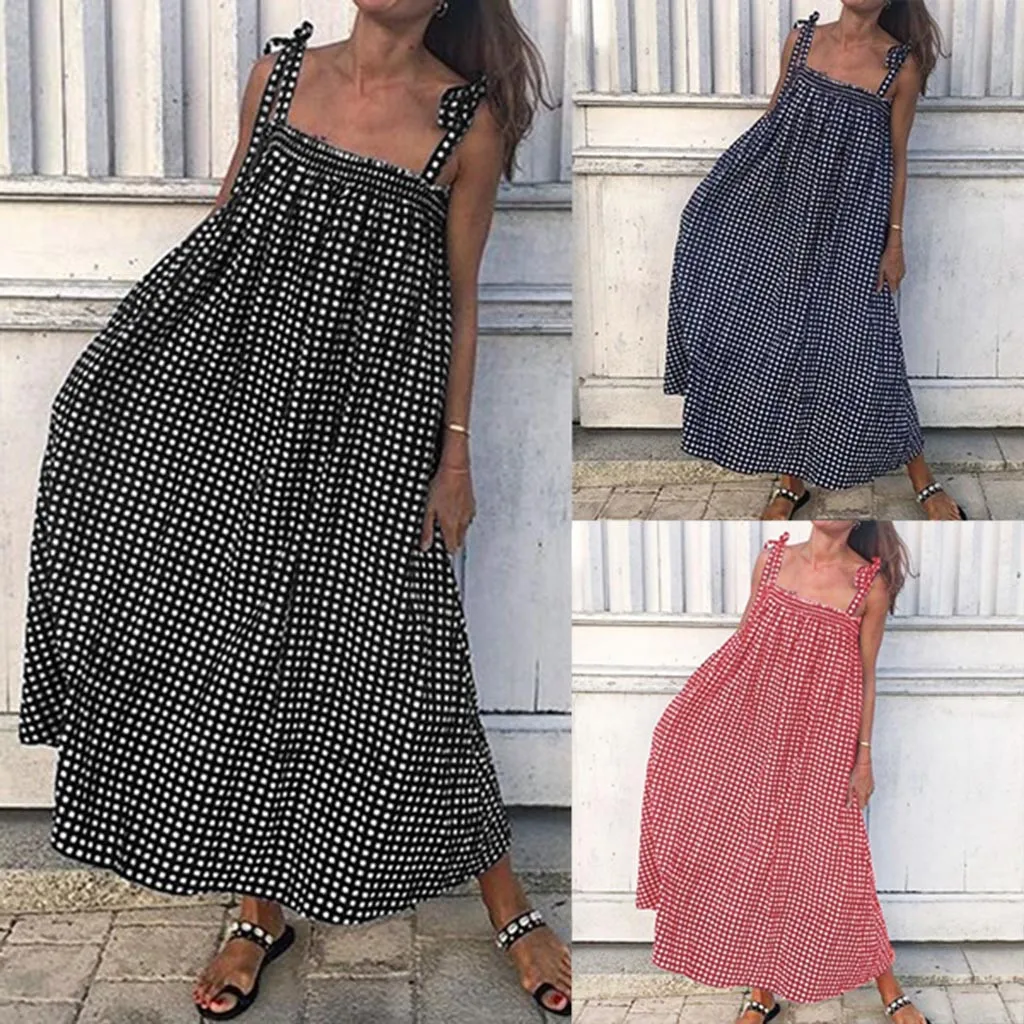 Women Dress 2020 Summer Sundress Short Sleeve  Loose sling Ethnic Style Print  Plaid Dress A Line Party Dress Vestidos Plus Size