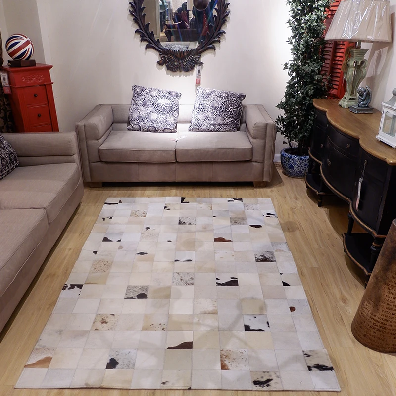 Роскошный ковёр из воловьей кожи в скандинавском стиле с геометрическим узором, сшитый из воловьей кожи, из натурального меха, для гостиной