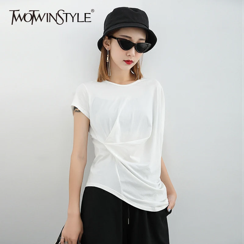 

TWOTWINSTYLE Basic T Shirt Female Short Sleeve Ruched Patchwork Big Size White T Shirt Tops 2019 Summer Fashion Casual Clothing