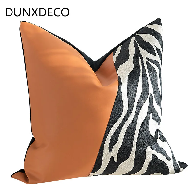 

DUNXDECO Cushion Cover Decorative Pillow Case Modern Zebra Stripe PU Patchwork High Density Coussin Room Sofa Art Decor