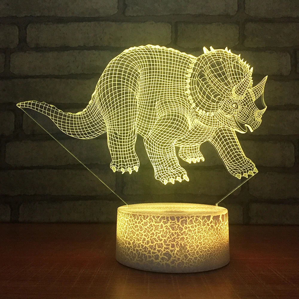 Новинка 7 цветов изменить 3D светодио дный Творческий Трицератопс Форма Иллюзия настольная лампа Usb динозавров светильник ночник