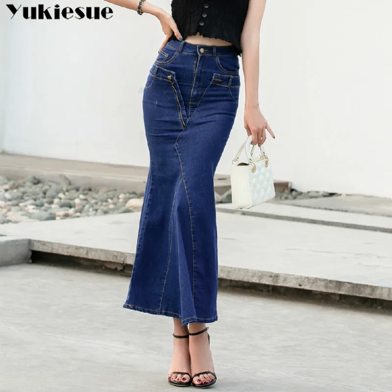 

Slim High Waist Midi Jean long Skirt Women skinny trupmet mermaid Streetwear Skirts Female Denim Skirts 2019 Spring Summer