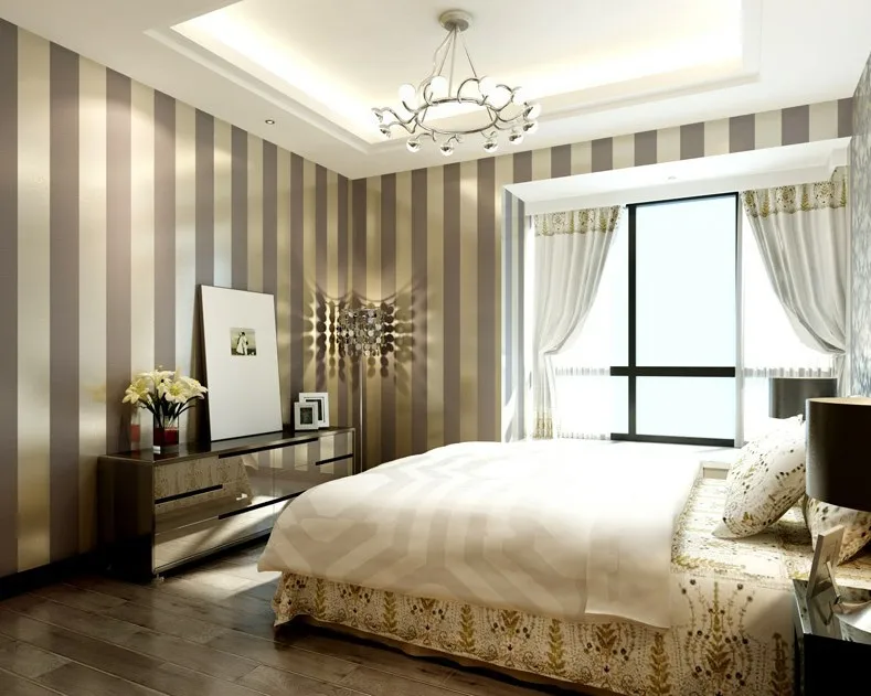 Dark Purple And Gold Striped Bedroom Wallpaper With Pearl