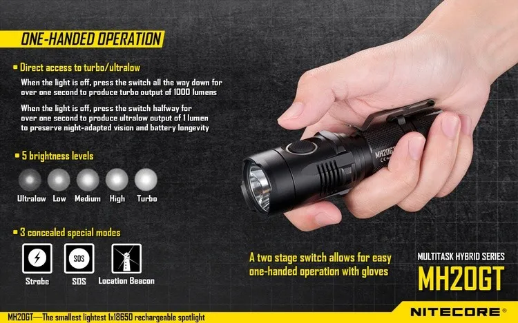 10% OFF NITECORE MH20GT Перезаряжаемые 7 Режим 1000 LM XP-L HI V3 светодиодный светильник Водонепроницаемый фонарик без 18650 Батарея