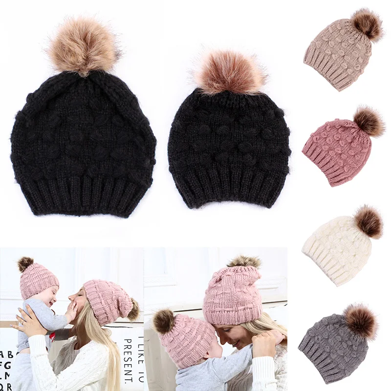 

Mom and Me Cute Bebe Boys Girls Beanie Warm Hats Winter Wool Hat Crochet Knit cup Fur Pom Pom Hat Mom and Baby Matching Cap