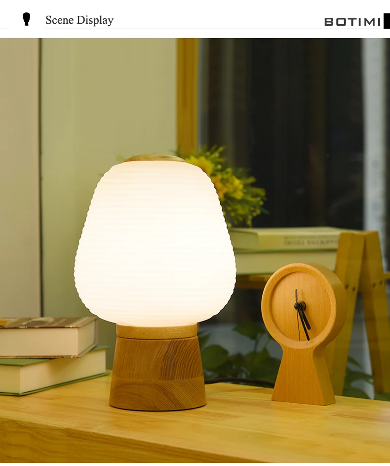 Светодиодный настольный светильник BOTIMI в японском стиле со стеклянным абажуром, деревянные прикроватные лампы для чтения, кнопочный переключатель