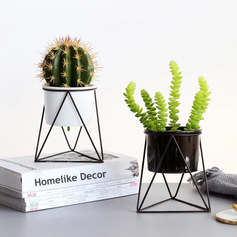 

1pc Modern Flowerpot White Ceramic Succulent Plant Pot with Golden Black Iron Stand Home Decorative Metal Planter Vase