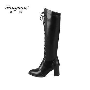 

Fanyuan Winter Thick High Heel Motorcycle boots Solid Cross-tied Knee High Boots Fashion Pointed Toe Zipper Boots Women Shoes