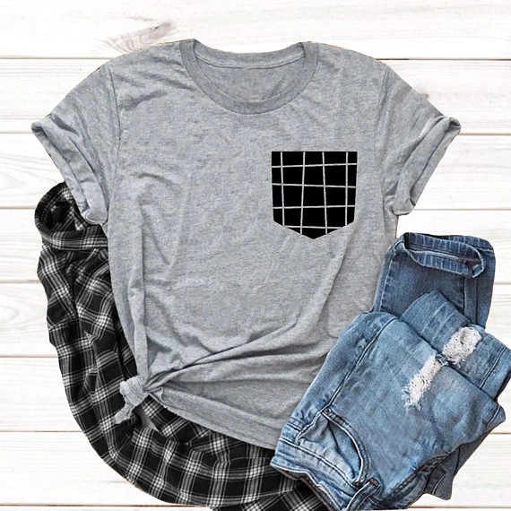 Plaid patch Pocket T-Shirt Casual Hipster Gray Clothing Tee Unisex Funny Pocket Plaid Printed Topd Cotton Trendy Outfits
