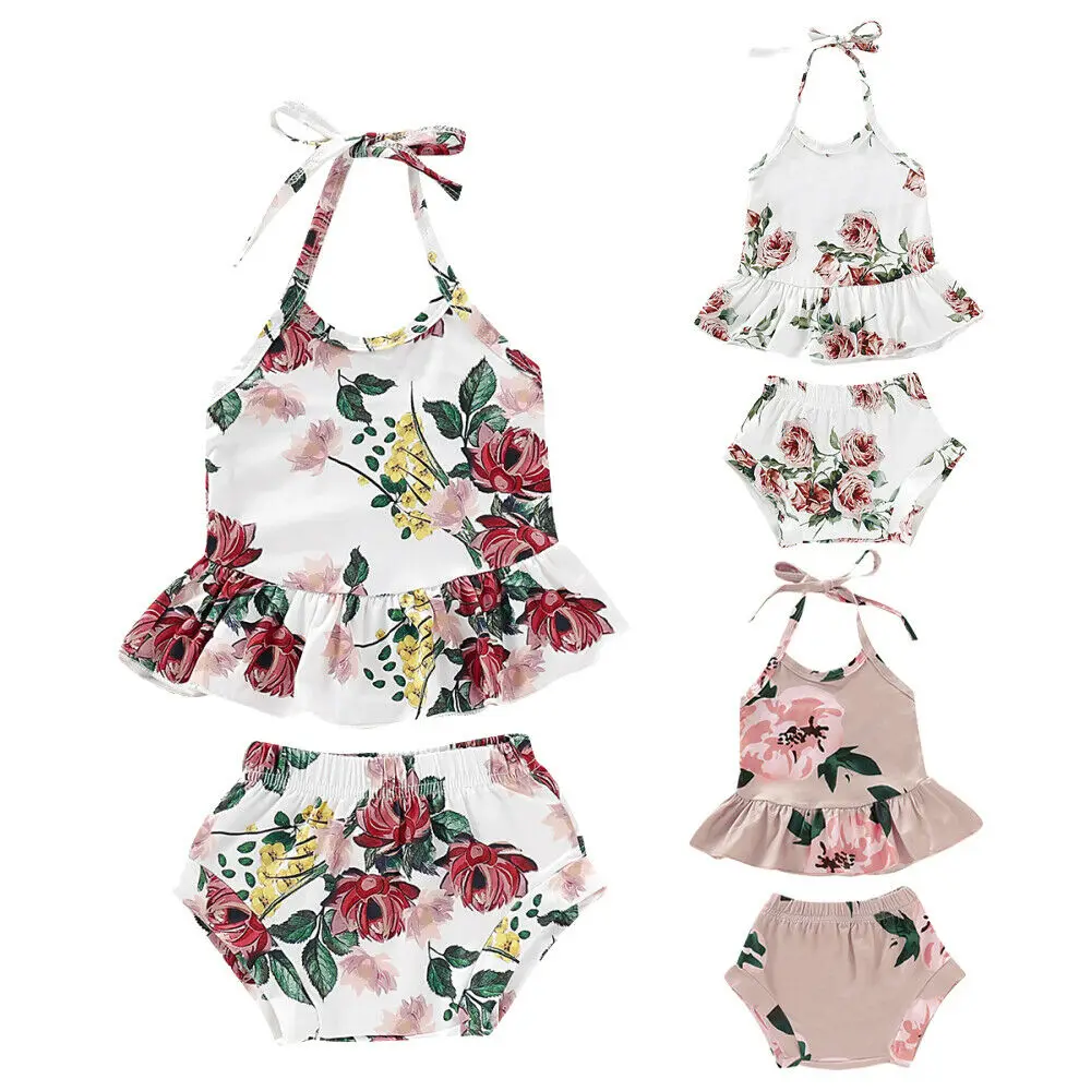 

New Baby Girls Clothes Flower Ruffle Sleeveless Tops Shorts 2PCS Outfits