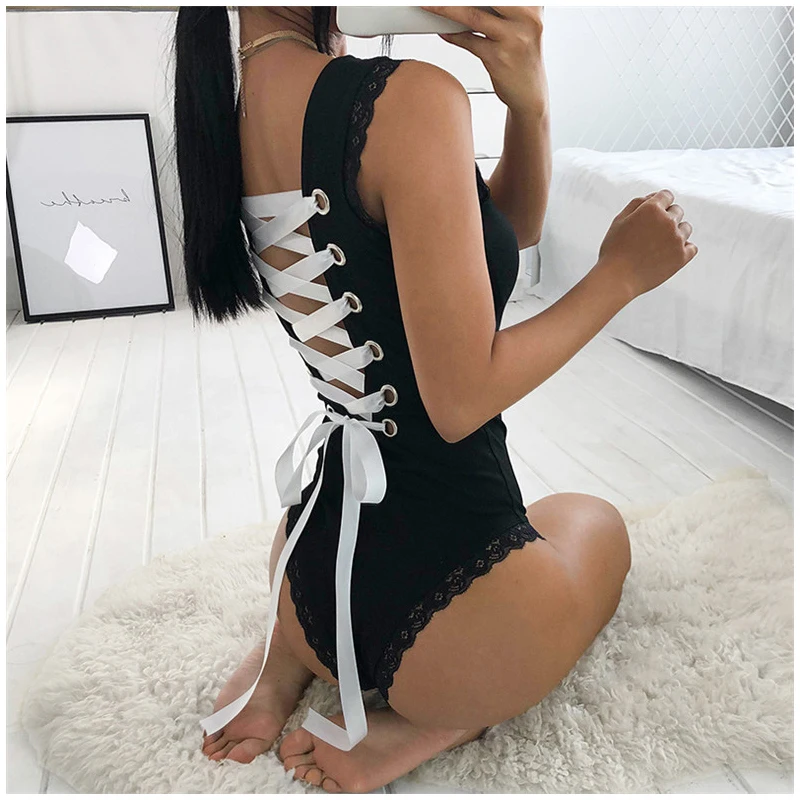 

Summer New Sexy Backless Cross Lace Up Skinny Lace Patchwork Black Bodysuits Women 2019 Stretch Sleeveless Open Crotch Bodysuit