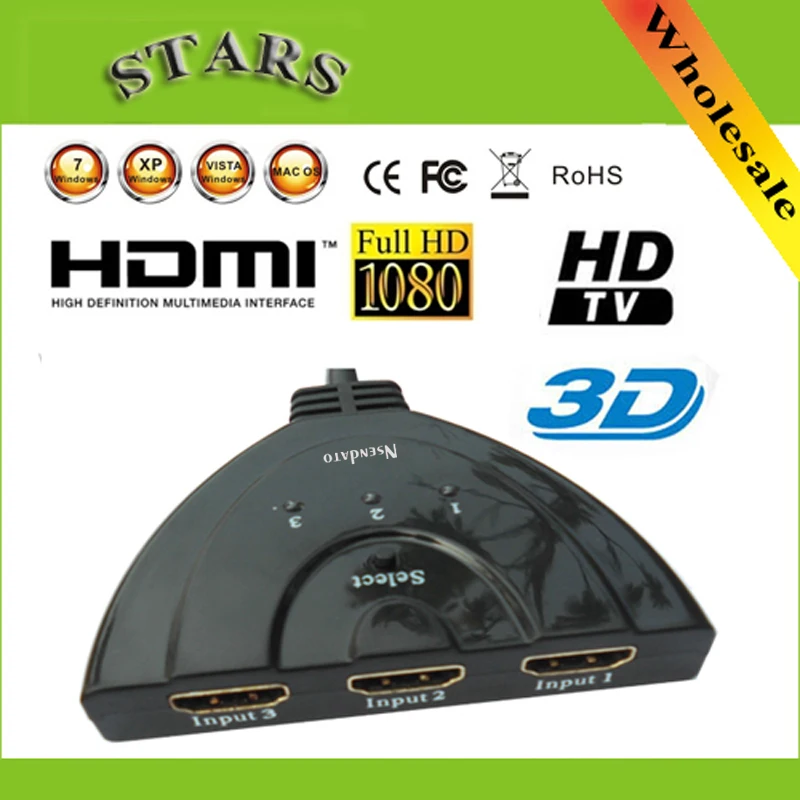 3 порта 1080P 3D HDMI Switch 1 V Switcher Splitter Hub с кабелем для HDTV DVD PS3 Xbox оптовая продажа
