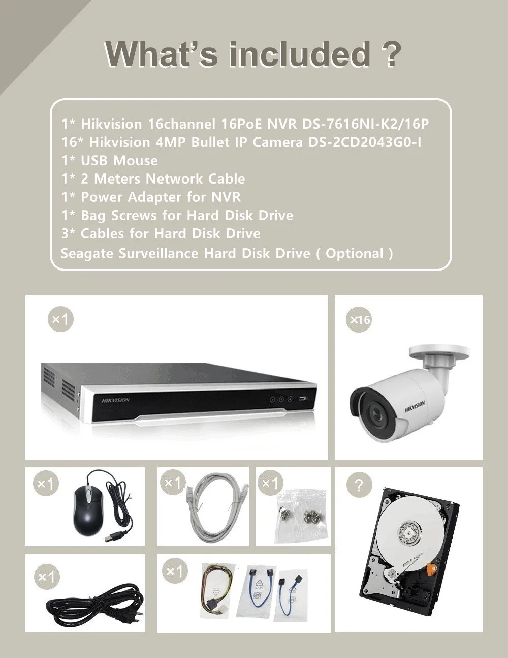 Hikvision NVR DS-7616NI-K2/16 P 16CH 16 портов POE + 16 шт. Hikvision DS-2CD2043G0-I 4MP ИК Пуля сетевая камера P2P POE IP камера