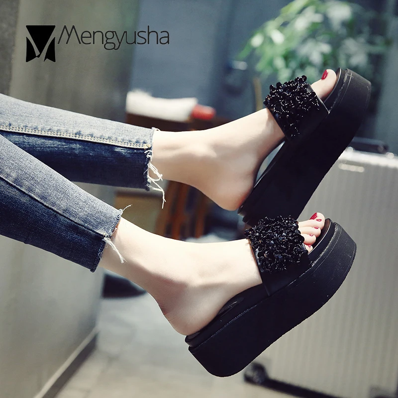 Cristal Mujer Argent Épais Bling Plate Diapositives argent forme Coins Femmes Flops Talons Zapatos Sandales Dames D'été Noir Flip Chaussures Plage Confortable Ybyf6g7v