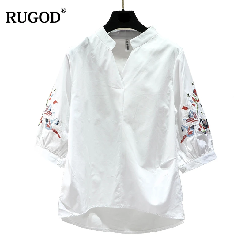 

RUGOD 2019 New Fashion Floral Embroidery Lantern Sleeve T Shirt Harajuku Women Summer Casual White Blue T-shirt Befree S-2XL