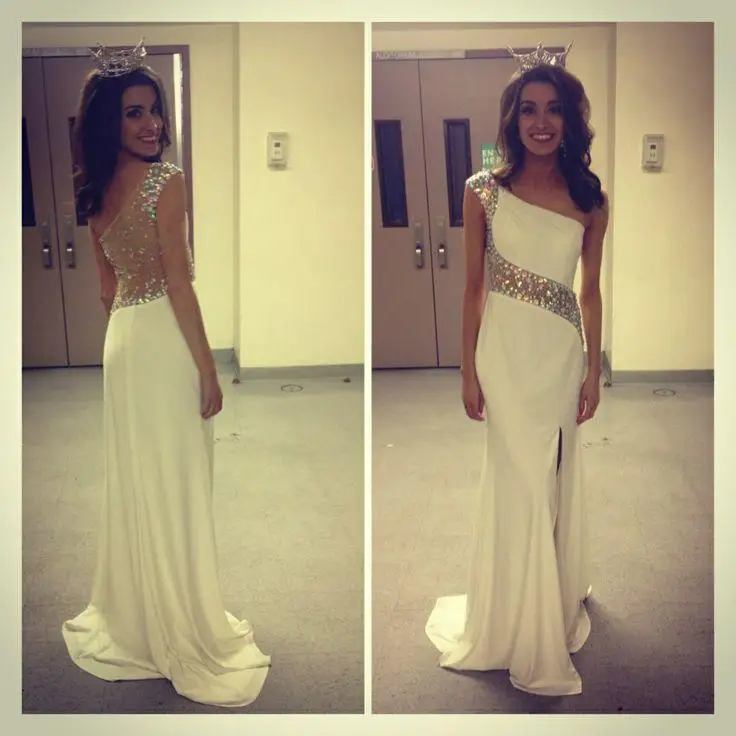One Shoulder Crystal Long Party font b Dress b font Beaded White Chiffon font b Prom