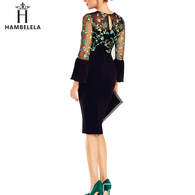 HMBL Summer Elegant Dress Women 2018 Fashion Long Flare Sleeve Embroidery Mesh Office Dress Female Sexy O-Neck Bodycon Dress (4)