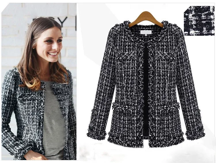 

Autumn Winter Women Jacket Frayed Slim Checkered Tweed Coat Casual O-Neck Plaid Jacket Outwear
