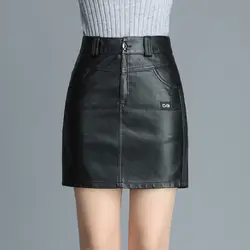 2019 весна тонкий из искусственной кожи юбка для женщин модные, пикантные офисные Высокая талия карман карандаш плюс размеры черный Мини 5x