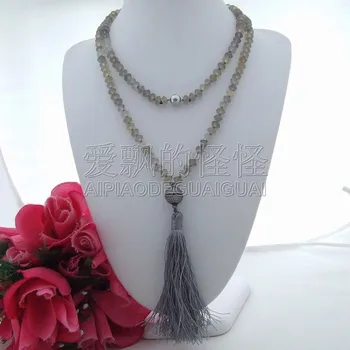 

N071406 42" Faceted Rondelle Gray Long Fringle Necklace CZ Pave Pendant