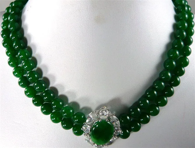 

free shipping>>@> noblest 2 row 8mm green jade wedding +jade/zircon pendant necklace