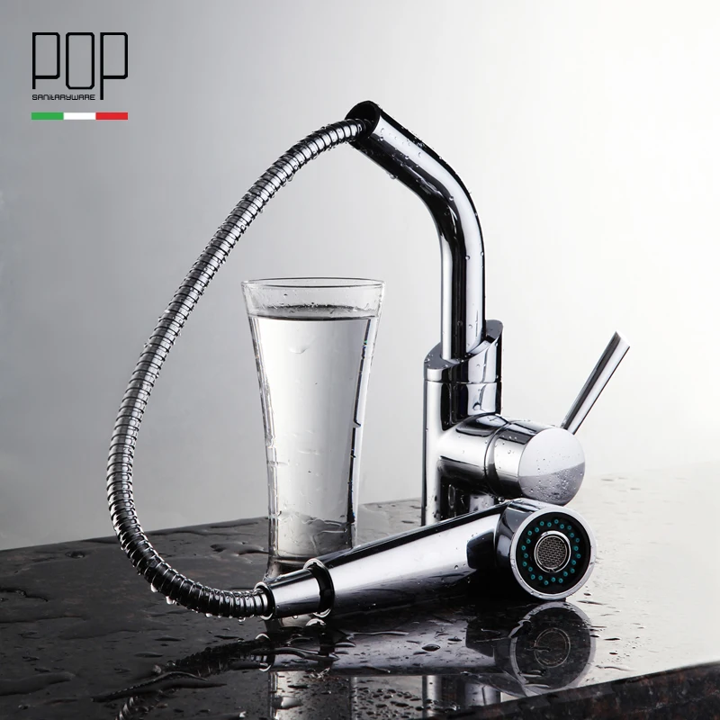 

POP Single handle Pull out kitchen sink faucet, Two functions Sprayer head Chrome Kitchen faucets