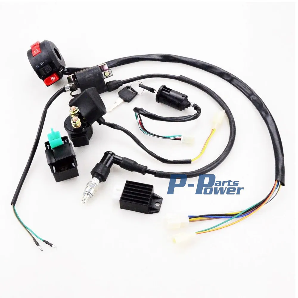 COMPLETE WIRE HARNESS WIRING ASSEMBLY for Chinese ATV QUAD 50CC 70CC 90CC 110CC Item Condition: Brand New Package Included: Quad Wire harness