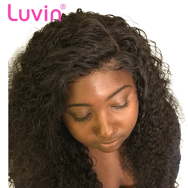 Luvin-pelo Afro malayo rizado con cierre Frontal de encaje 13x4, nudos blanqueados con pelo de bebé, cabello humano Remy, cierre de onda profunda