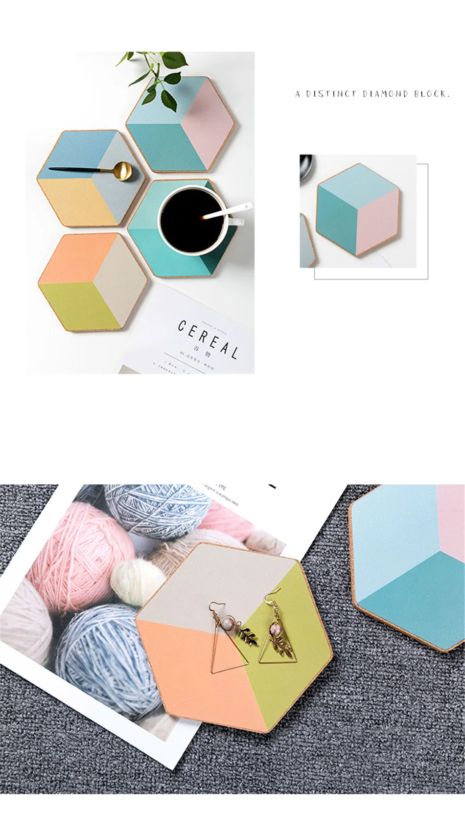 Geometric Diamond Creative Cork Placemat Casserole Pad Insulation Pad Anti-hot Bowl Mat Plate Cushion Table Mat Kitchen Decor  (6)