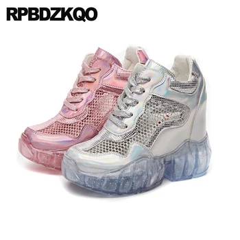 

Lace Up Metallic High Quality Silver Women Sneakers Wide Fit Shoes Ladies Transparent Pink Trainers Mirror Mesh Wedge Sandals