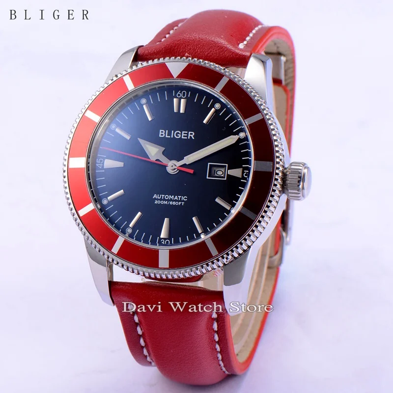 BLIGER 46 мм серебристый корпус из нержавеющей стали красный ободок светящиеся автоматические мужские наручные часы с датой