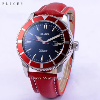 

BLIGER 46mm Stainless steel silver case red bezel luminous automatic mens Date wrist watch