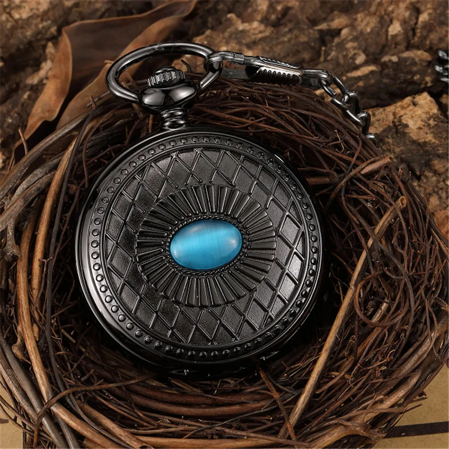 

Black Mechannical Pocket Watch Steampunk Antique Luxury Skeleton Roman Numerals Fob chain Watch With Chain Women Men Gift
