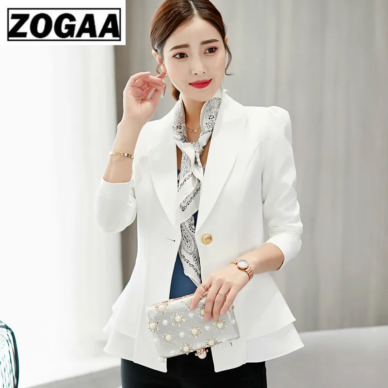 ZOGAA Women New Fashion Business Formal Suits Work Coat Elegant Ruffle Blue White Black Jacket Office Peplum Blazer