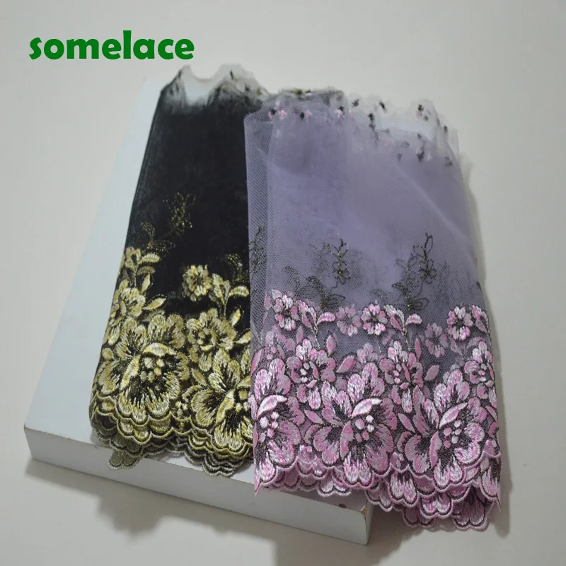 

2Y/lot 18Cm Black~Purple Gauze Fluorescent Gold~Pink Floral Embroidery Lace Trim with Design for Wedding Bridal and Garment