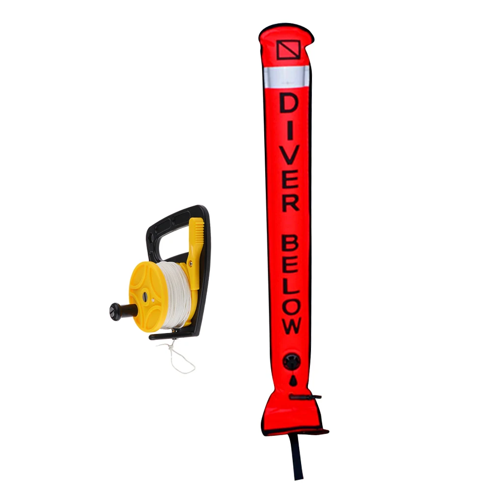 Scuba Diving Reflective SMB Surface Marker Buoy Safety Sausage Signal Tube + Dive Wreck Reel 46m Line, Thumb Stopper