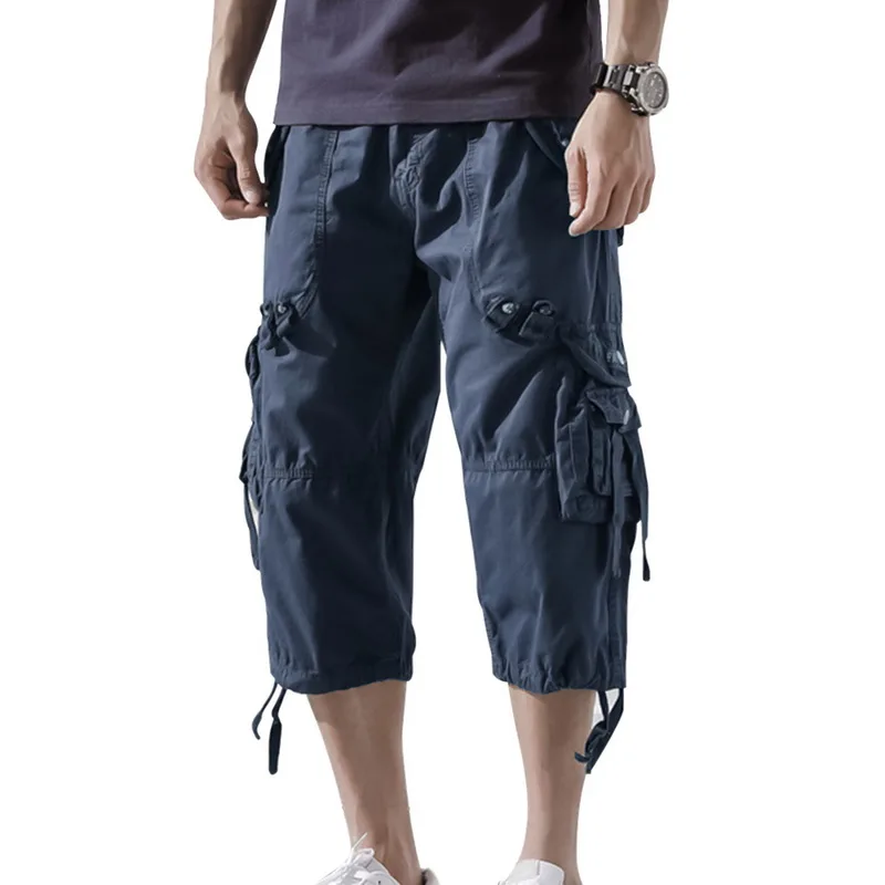 OLOME Осенние новые мужские брюки карго 3/4 длина повседневные тренировочные брюки военные Карго короткие брюки карманы мешковатые тактические прямые поставки - Color: dark blue