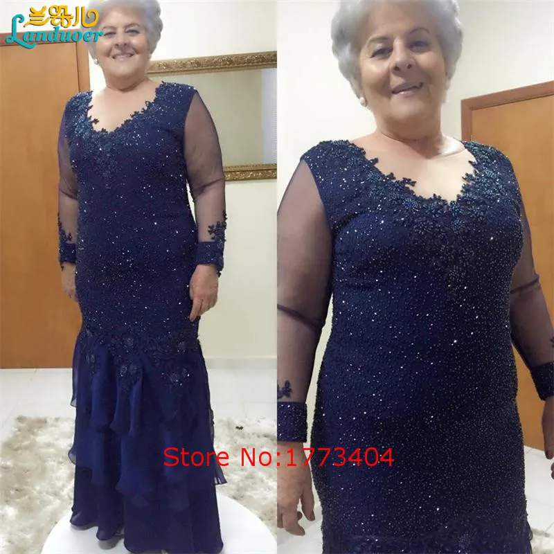 2017 Navy Blue Vestidos madre de la Plus Size Of The Bride Dresses Beading Sheer Long Sleeve Wedding Guest Outfit _ - AliExpress Mobile