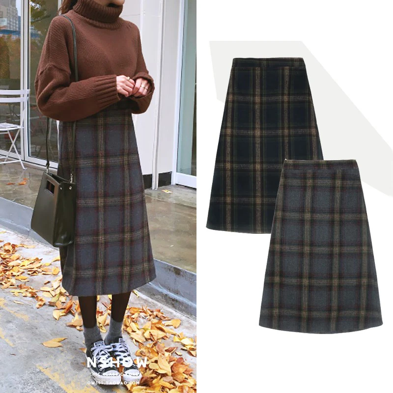 

Autumn Winter Women Plaid Woolen Skirt Elastic High Waist Elegant A-line Skirts Retro Warm Casual School Midi Skirt Saias Faldas