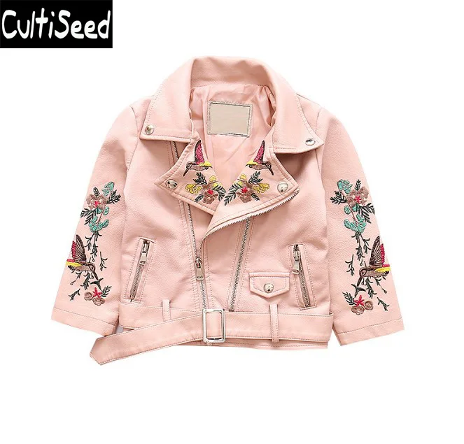 

Girls Spring Autumn Korean Turn Down Collar Magpie Embroidery PU Leather Jackets Coats Kids Fashion Long Sleeve Coat with Belt