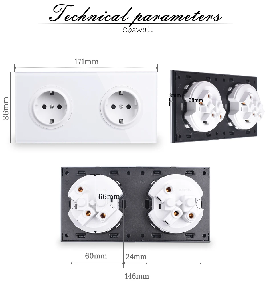 Coswall Кристалл закаленное чистое стекло панель 16A двойной стандарт ЕС стены розетка заземлен с защитой от детей замок