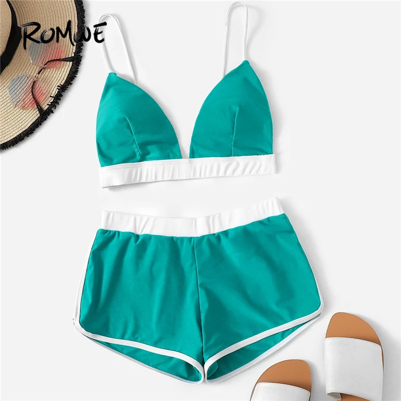 

Romwe Sport Turquoise Bright Contrast Trim Seam Top With Shorts Bikinis Set Women Summer Beach Spaghetti Strap Two-Pieces Suits