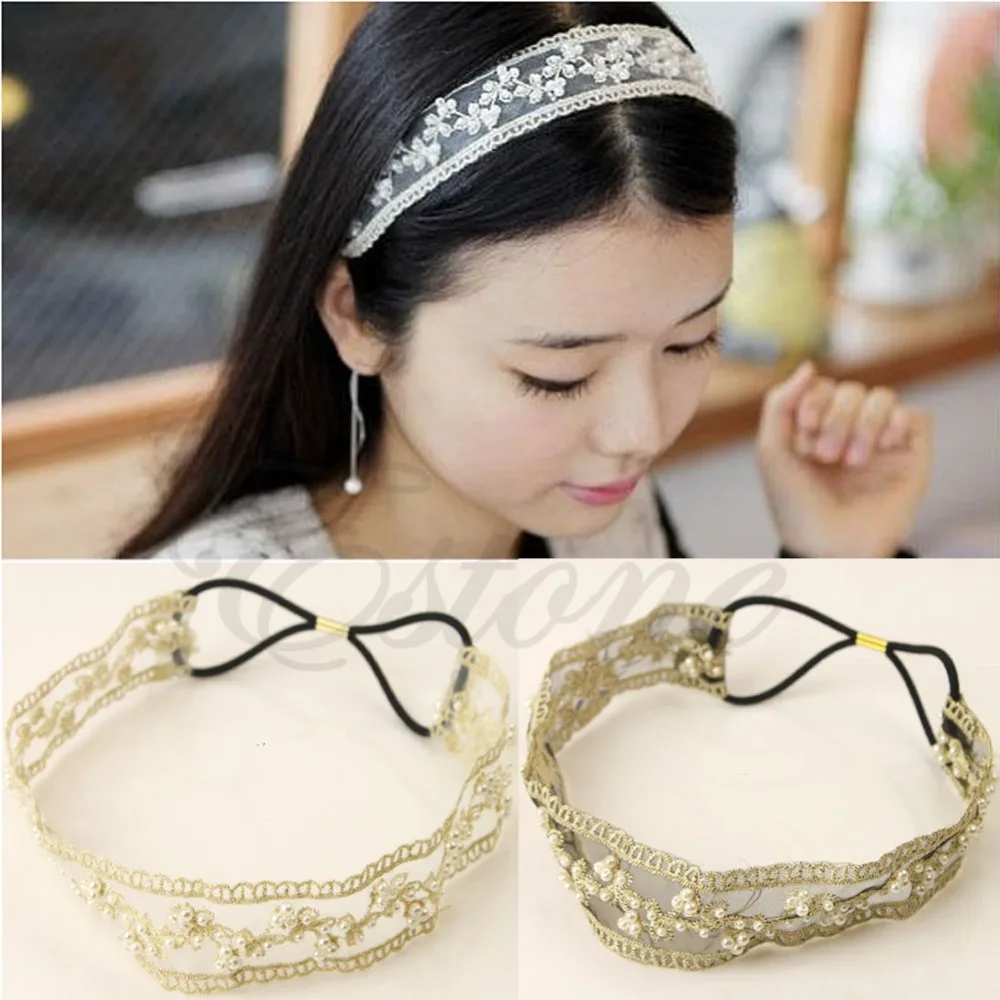 Fashion Womens Lace Faux Pearl Beads Headhand Hairband Elastic Hair Head Band