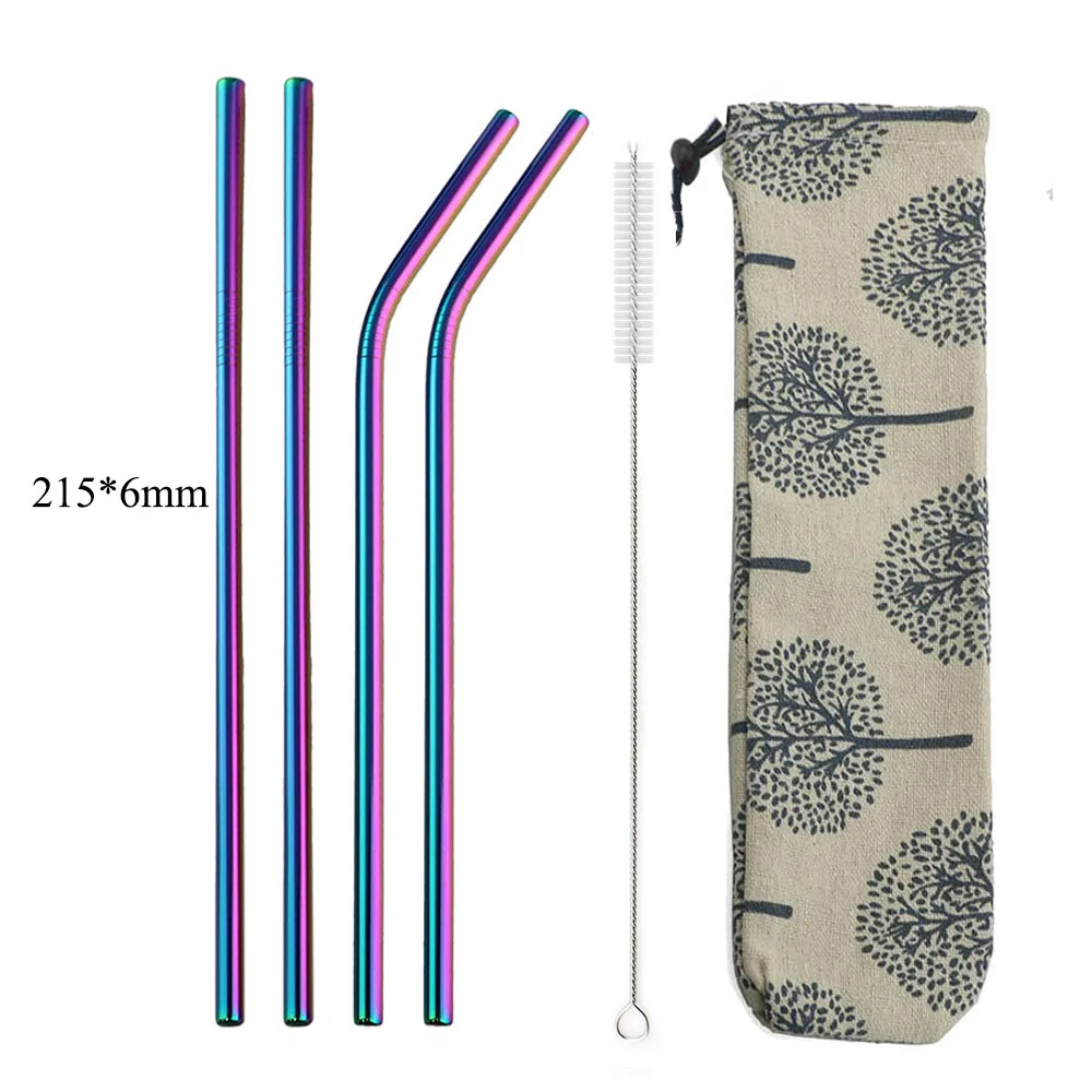 Brush & Eco Bag Set 3pc Premium Stainless Steel Metal Rainbow Extra Long Straws 