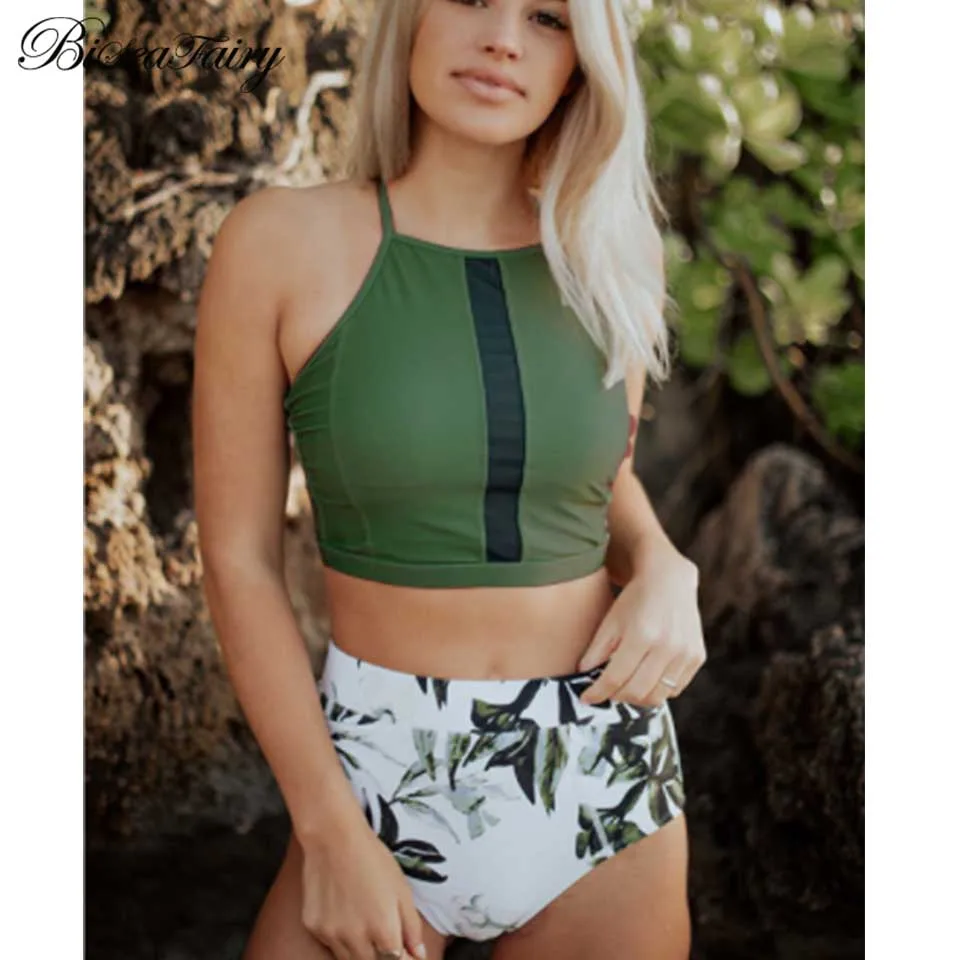 

BISEAFAIRY Women 2019 Sexy Bikinis Bandage Swimsuit High Neck Retro Halter Bikini Set Brazilian Print Flower Beach Bathing Suits