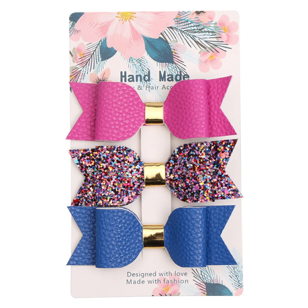 3pcs Party Cute Bowknot Shape Kids Accessories Decoration Hair Clip Artificial Leather Styling Tools Glitter Fashion Gift DIY