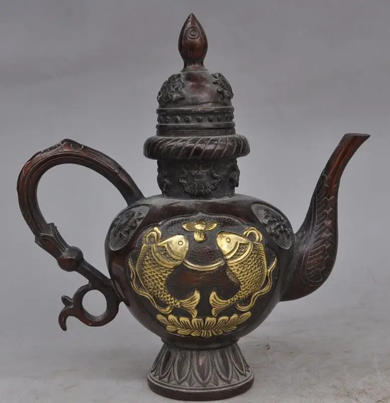 

S00891 9"Chinese Bronze gilt fish lotus Eight treasures statue Wine pot TeaPot Flagon B0403