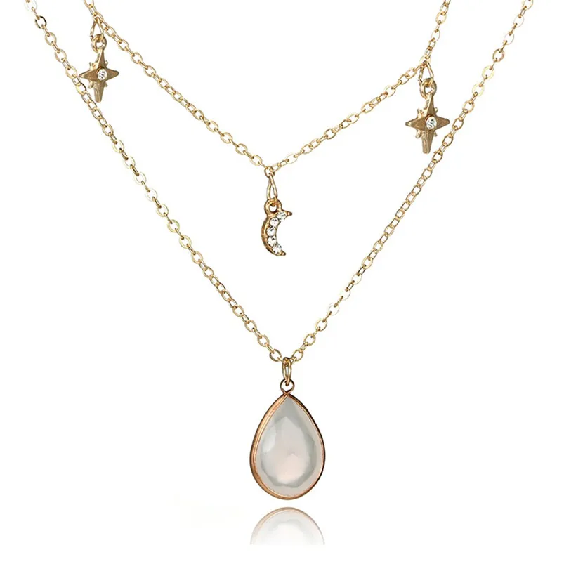Fashion Simple Round Diamond Necklace Multi-layer Alloy Chain Clavicle Chain elliptical imitation gemstone necklace F13 (6)