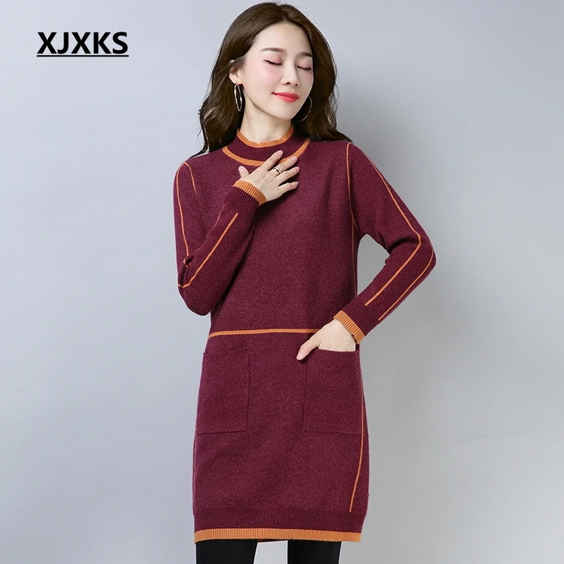 

XJXKS Women Long Sweater Autumn And Winter Pullovers Christmas Sweaters Pull Femme Jumpers Mujer Oversized Sweater With Pocket