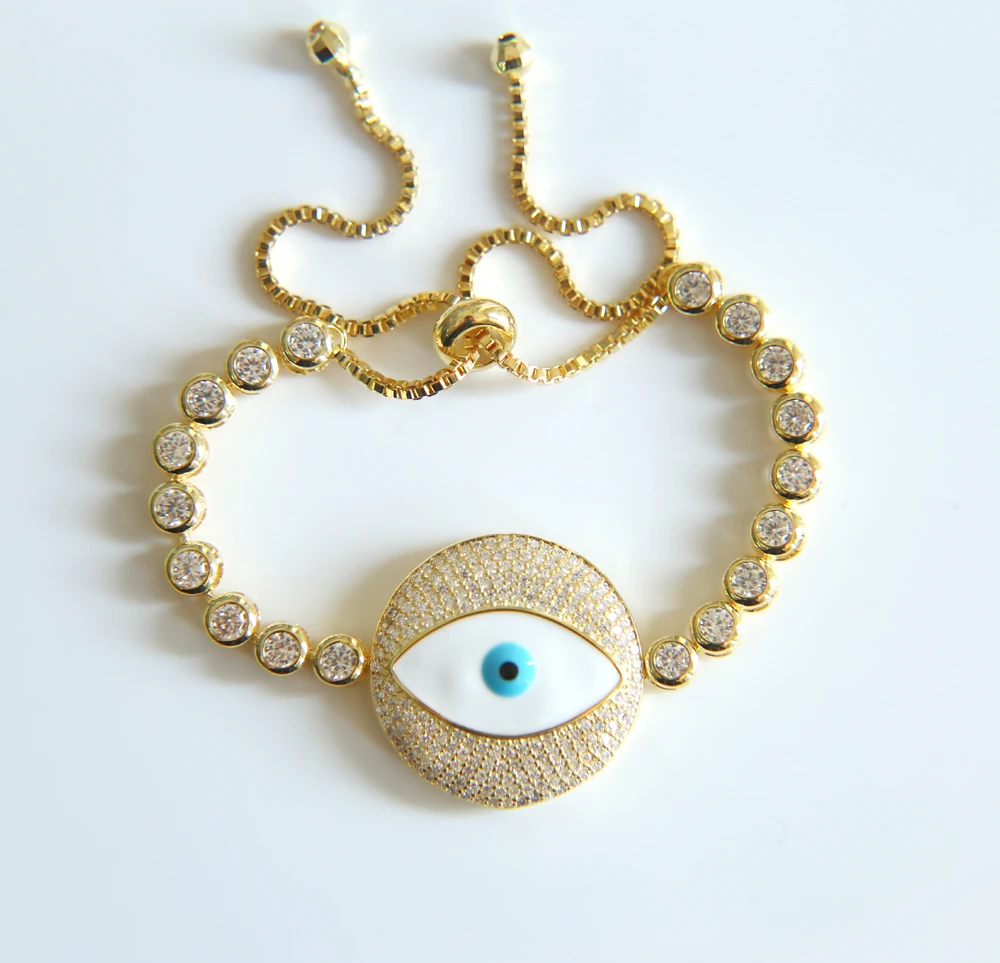 Высококачественный проложенный CZ синий Турция браслет Evil Eye Круглый Шарм Браслеты для женщин серебряная цепочка золотистого цвета браслет-цепочка